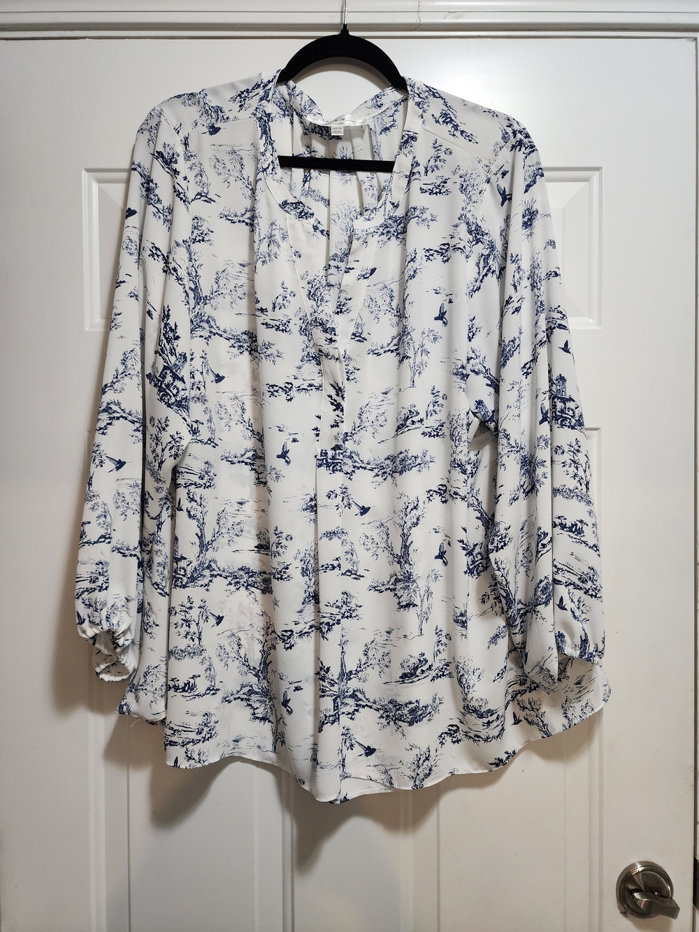 Toile de Jouy Blouse Long Sleeve V-Neck Scenic Print Plus Size 3X